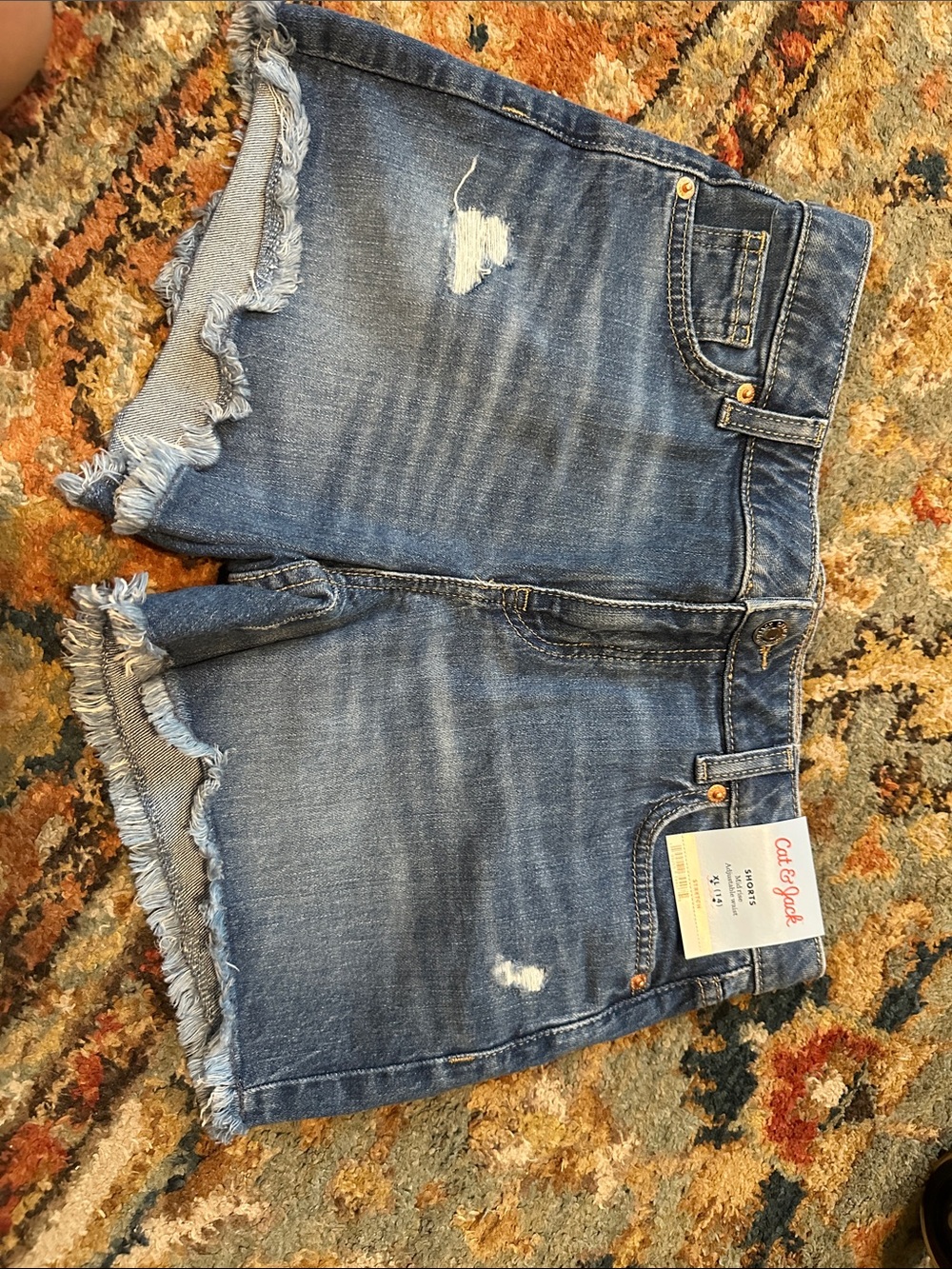 Cat & Jack Frayed Hem Distressed Denim Shorts in Blue Mid Rise Adjustable Waist